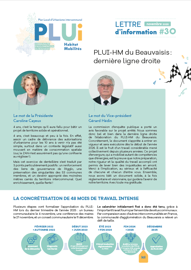 Couverture de la Lettre d’info n°30 – Novembre 2025 – PLUI-HM du Beauvaisis : dernière ligne droite